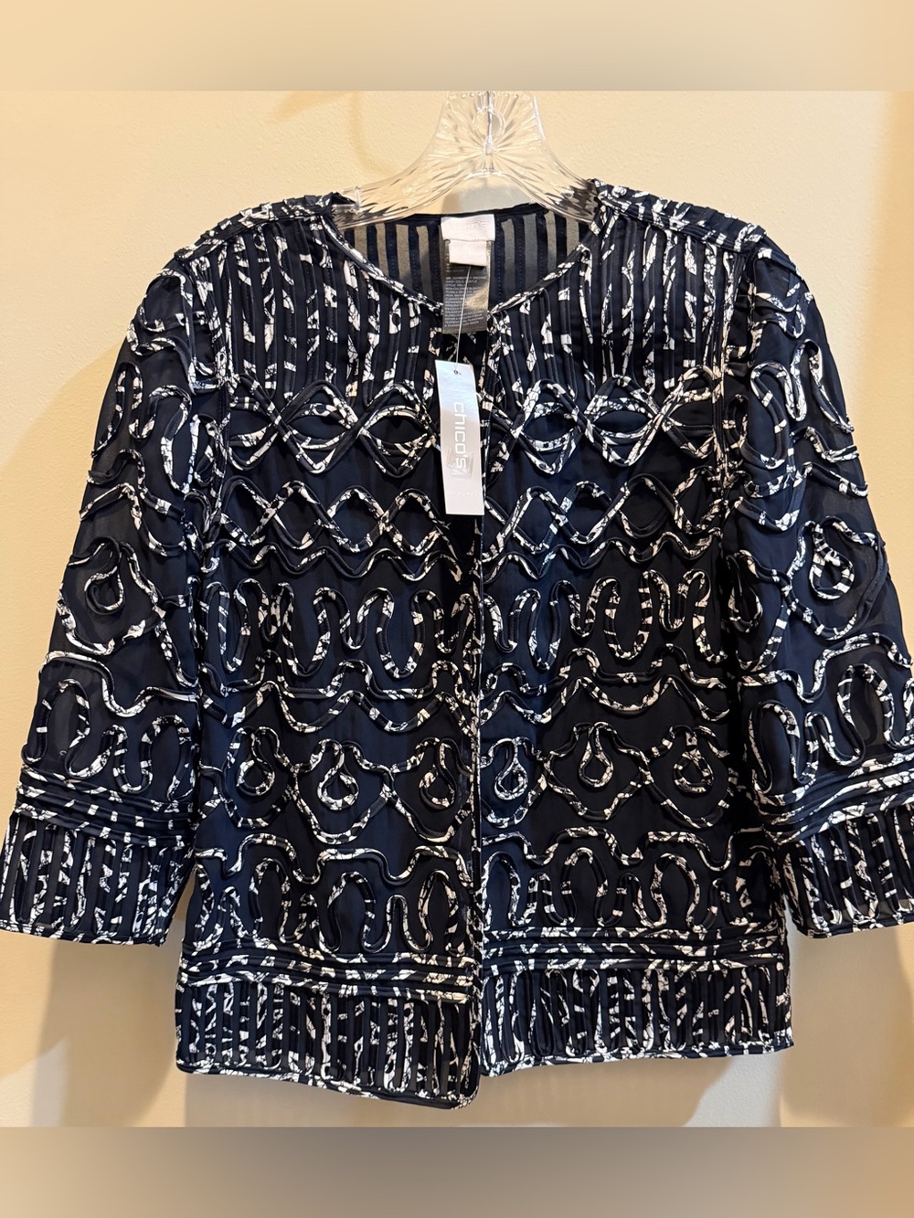 Chico's Navy and White Embroidered Open Front Jacket